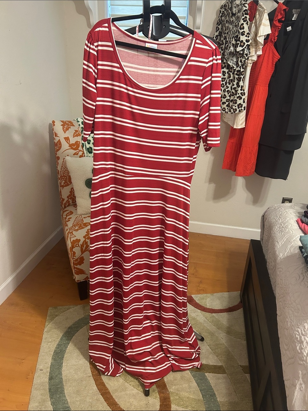 LuLaRoe Ana Red and White Striped Scoop Neck Maxi Dress